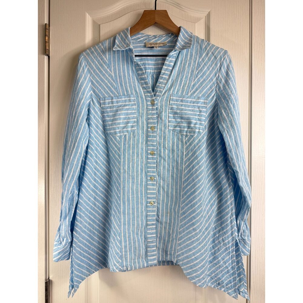 Jones New York Sport Petite Women's Linen Shirt Blue White Stripe Size P M
